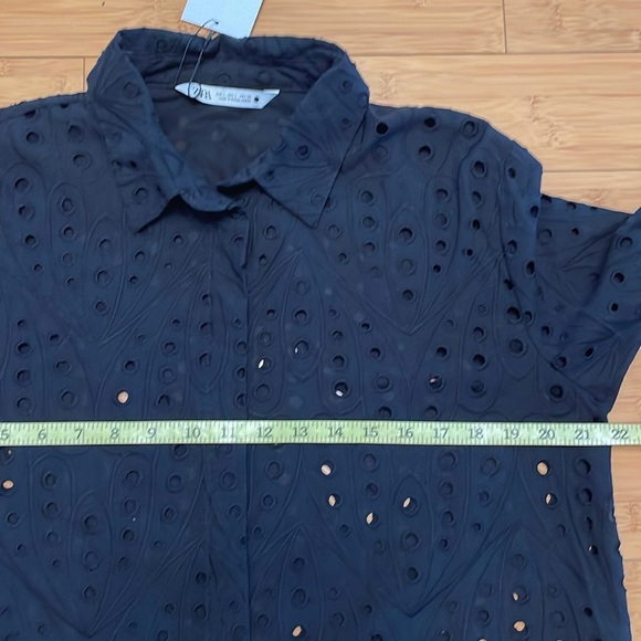 Zara Embroidered Eyelet Shirt Size Large Black Button Up 3/4 Sleeve - Picture 11 of 13